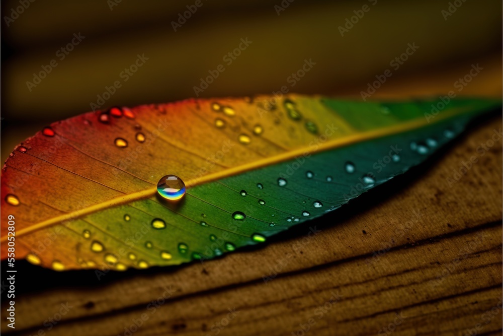 Poster a leaf with water drops on it sitting on a table top with a wooden surface in the foreground and a b