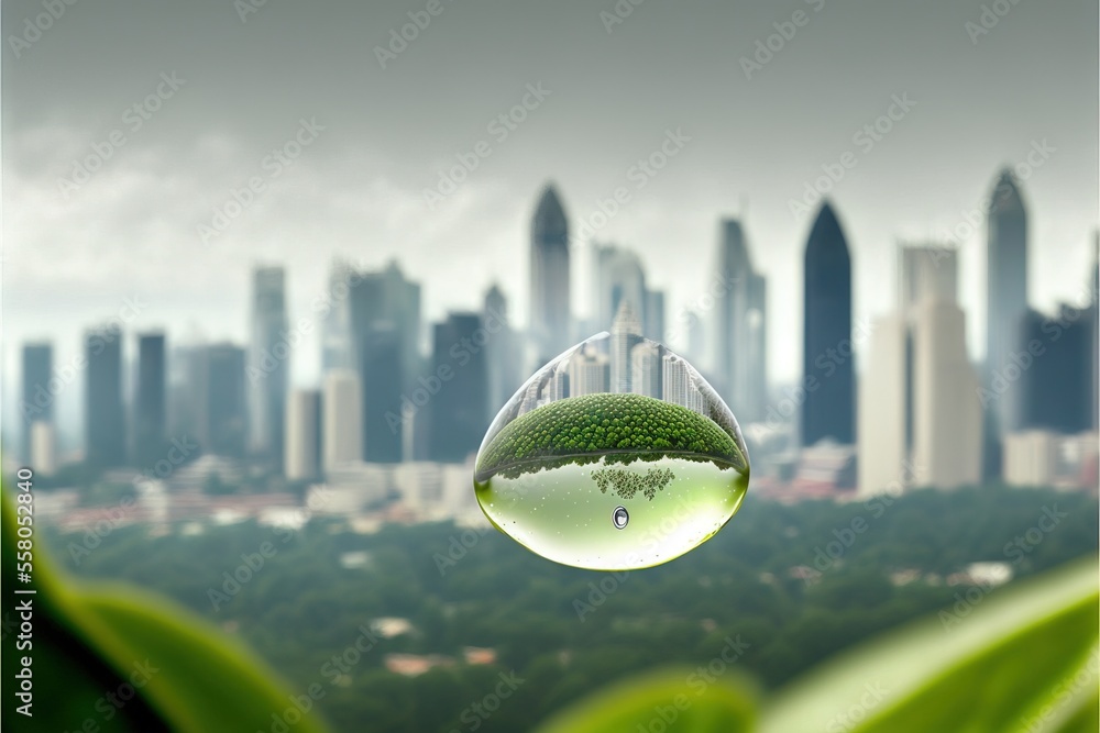 Poster a picture of a city in a drop of water with a tree in the middle of the drop and a green leaf in the