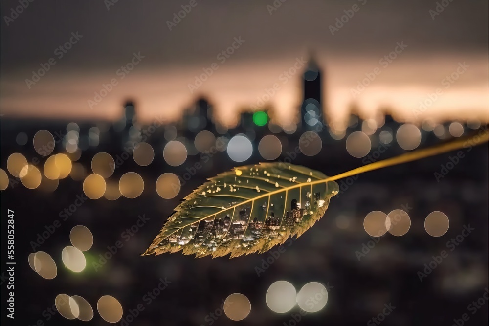 Poster a leaf is hanging from a string in front of a cityscape at night with lights in the background and a