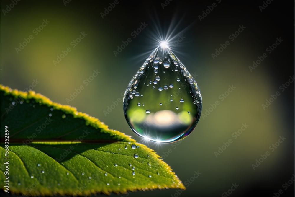 Poster a drop of water sitting on top of a green leaf covered in drops of water on top of a green leaf with