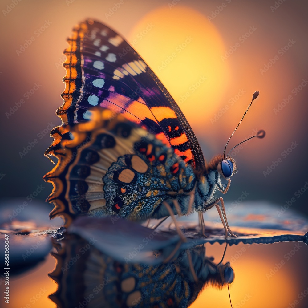 Poster a colorful butterfly sitting on top of a puddle of water in front of a sun setting behind the wings 