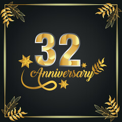 32 years old luxurious logo. anniversary year of vector gold colored template framed of palms.