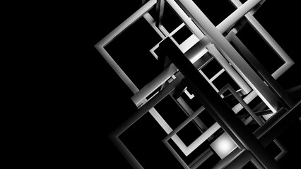 The illustration 3d render of abstract concept black cube box with abstract square frame in the dark black scene