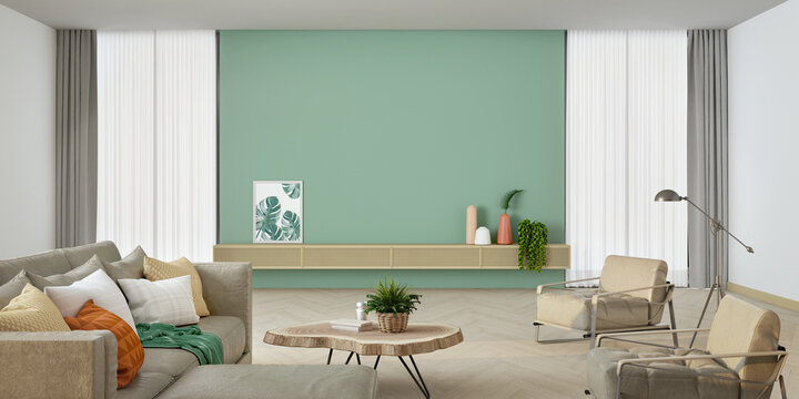 Panorama living room interior with green wall.3d rendering