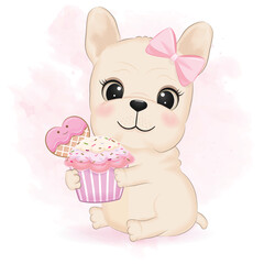 Cute French Bulldog and cupcake, valentine's day concept