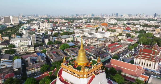 An aerial view of the Golden Mount stands prominently at Saket Temple, The most famous tourist attraction in Bangkok, Thailand.