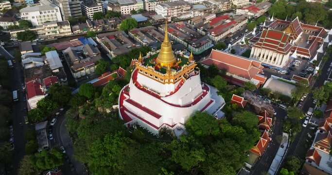 An aerial view of the Golden Mount stands prominently at Saket Temple, The most famous tourist attraction in Bangkok, Thailand.