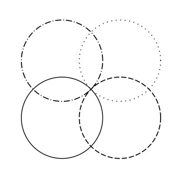 Venn diagram blank merge four dash line and dotted line circles chart infographic sign. 4 cross circles for data statistics presentation. Line art vector empty venn diagram illustration.