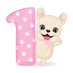 Cute French Bulldog and number 1, First Birthday party, Happy birthday 1 year old