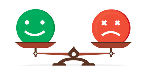 Balance between negative and positive emotions. Large scales in balance. Equilibrium of mental health, psychological balance, concept banner. Design isolated on white background.