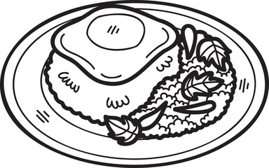 Hand Drawn Basil Fried Rice with Fried Egg or Thai food illustration