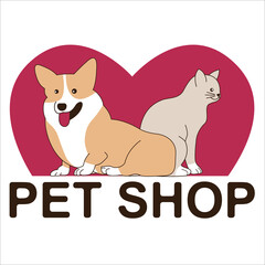 Logo design for pet shops, veterinary clinics and hospitials. Corgi dog and cat sitting down in front of red heart on white background. 
