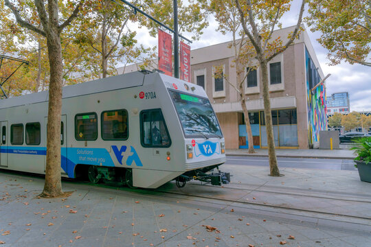 SAN JOSE, CALIFORNIA - CIRCA OCTOBER, 2021: VTA train running on the streets downtown