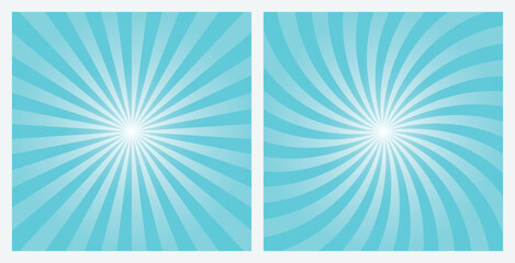 Blue sunburst background set. Aqua blue retro style radial and spiral sunbeam rays background, pattern, wallpaper. Vector Illustrations.