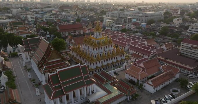 An aerial view of the Metal Castle or Loha Prasat in Ratchanatdaram Temple, The most famous tourist attraction in Bangkok, Thailand.