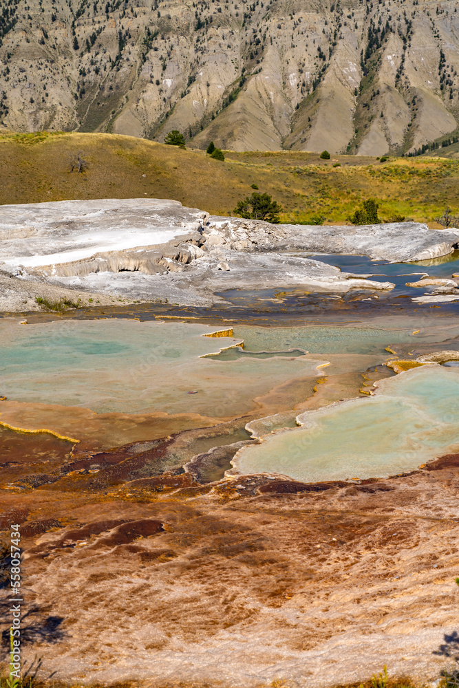 Sticker Mammoth Hot Springs in Yellowstone National Park. Travertine pools.