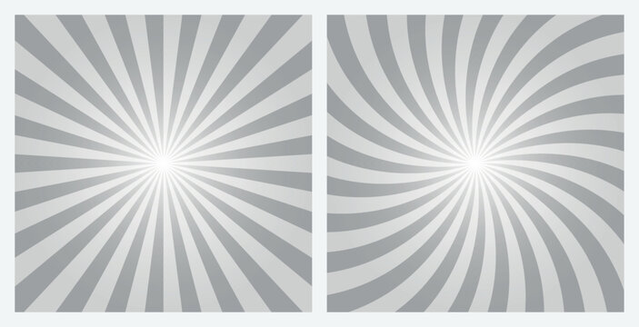 Dark gray sunburst background set. Retro style gray color radial and spiral sunbeam rays background, pattern, wallpaper. Vector Illustrations.