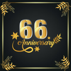 66 years old luxurious logo. anniversary year of vector gold colored template framed of palms.