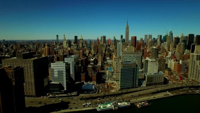 New York City Manhattan And Ship Harbor Aerial View American Flag Usa United State