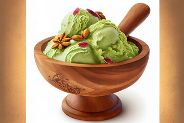 Pistachio ice cream in wooden bowl food