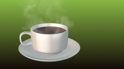 Cup of tea with steam on green background