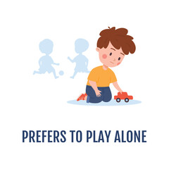 Child with autism prefers to play alone, flat vector illustration isolated.