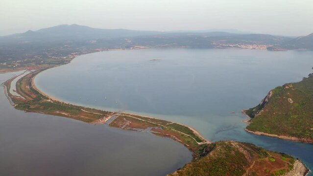 4K aerial - a bird's eye view&nbsp;video (Ultra High Definition) of Old Navarino Castle. Fantastic evening seascpae of Ionian sea. Vacation concept background.