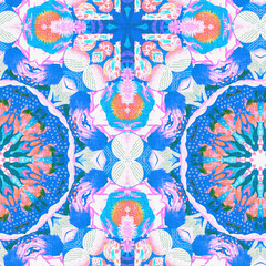 Washed Red Blue blur white vibrant watercolor batik azulejos tile background. Seamless coastal linen effect geometric mosaic effect. Boho Patchwork nautical masculine all over summer fashion repeat.