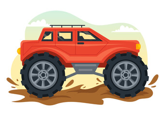 Off Road Illustration with a Jeep Car or SUV to Pass Through Rocky Terrain, Rivers and Sand in Flat Extreme Sport Cartoon Hand Drawn Templates
