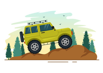Off Road Illustration with a Jeep Car or SUV to Pass Through Rocky Terrain, Rivers and Sand in Flat Extreme Sport Cartoon Hand Drawn Templates © denayune