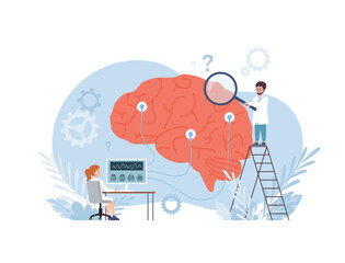 Neurologists neuroscientists study brain, flat vector illustration isolated.