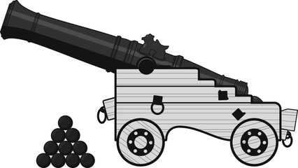 naval cannon with gun carriage and cannonballs vector illustration