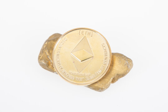 Ethereum ETH golden crypto currency coin with Gold nugget bar