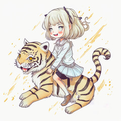 A charming illustration showing a little girl friend with a tiger - perfect for creating emotions and visual impact.