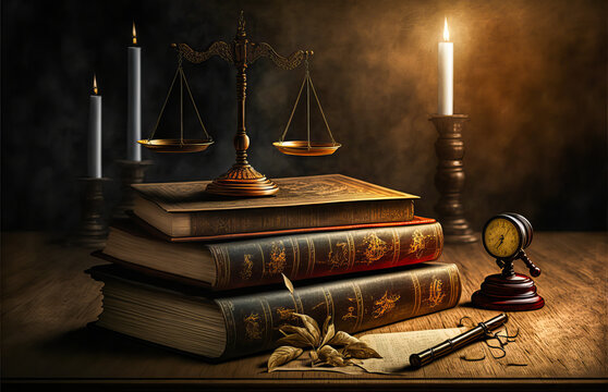 Antique and majestic scales of justice placed on the desk of a judge or lawyer, surrounded by law books and symbols of justice. Ideal to represent solemnity and seriousness.