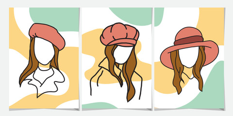 Set of abstract illustrations of a woman wearing a hat in pastel color. Suitable for print, posters, and postcards. Vector illustration. 