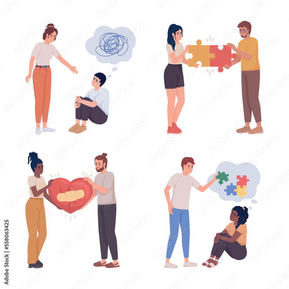 Poster mental support semi flat color vector characters set. fix relationship. editable figures. full body 