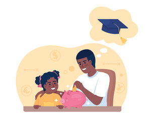 Savings for college costs 2D vector isolated illustration. Father planning daughter education flat characters on cartoon background. Colorful editable scene for mobile, website, presentation