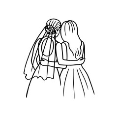 brides stand side by side and back to the viewer at their wedding - hand drawn doodle drawing. lesbian wedding