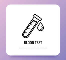 Blood test thin line icon. Test tube with a drop of blood. Laboratory analysis or medical research. Vector illustration.