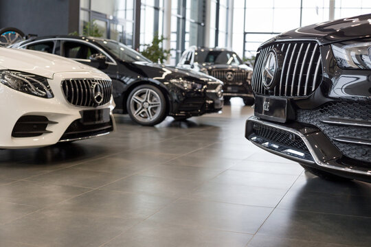 Russia, Izhevsk - February 20, 2020: Mercedes-Benz showroom. New modern cars in the dealer showroom.