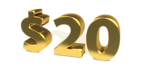 20$, 20, zwanzig, Dollar, preis, kosten, pr&auml;mie, zahl, betrag, Gutschrift, Gewinn, Kapital, Business, Schrift, 3d, gold, silber