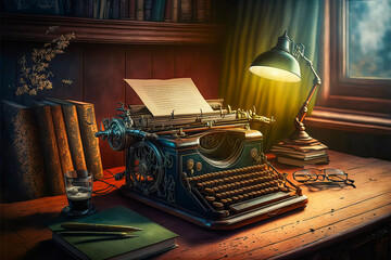 A vintage typewriter on an antique desk, illuminated by a window, in a luxurious, bourgeois room, enhancing the timeless and classic feel of this image.