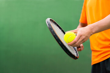tennis player play tennis sport by hit tennis ball with tennis racket in tennis court and stadium...