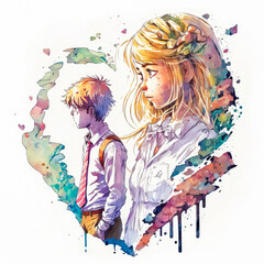 Obraz na płótnie Canvas An image representing a young couple, in manga and Japanese style, which reflects the love of youth. Ideal to retranscribe deep emotions in a story or a visual project.