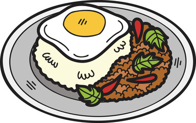 Hand Drawn Basil Fried Rice with Fried Egg or Thai food illustration