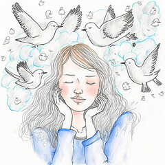 A young girl dreams of peace, represented by doves. An image to illustrate the love of peace and freedom.
