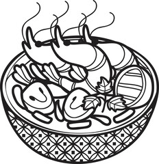 Hand Drawn spicy prawn soup or Thai food illustration