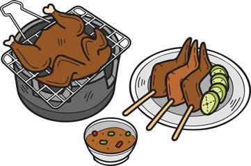 Hand Drawn Grilled Chicken and thai Brazier illustration