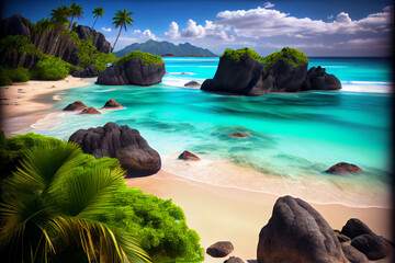beach with tropical green trees. generative ai